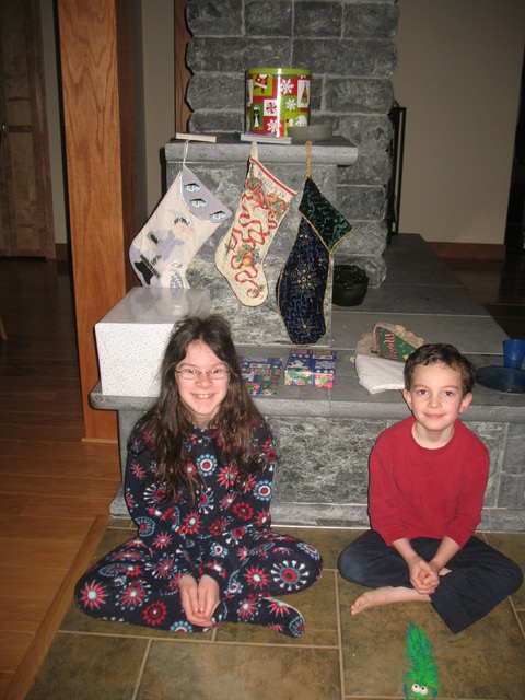 December 25: Kailyn and Connor with their stockings -- Connor with the centipede he already found peeking out of his!