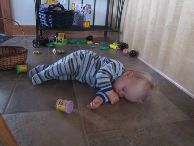 March 23: Some days, having fun is just *too* exhausting! One minute, she was playing with pinecones and playdough toys while I was loading the dishwasher. Next thing I knew, she went all quiet -- and I peeked around the counter to find her asleep!