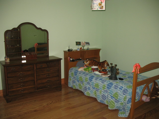 Her bed and dresser arrangement so far